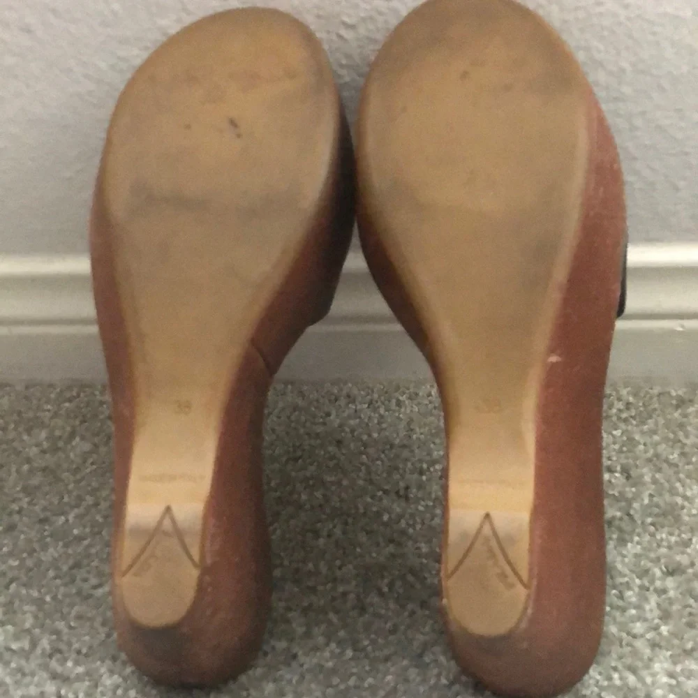 Prada Black Leather and Brown Wood Wedge Sandals - Picture 4 of 7